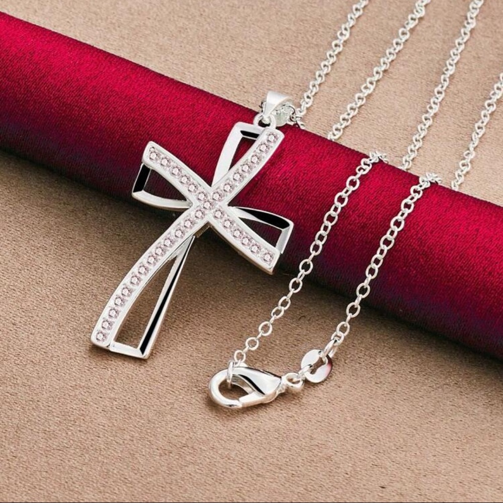 Silver Plated Cubic‎ Zirconia Cross Pendant Necklace